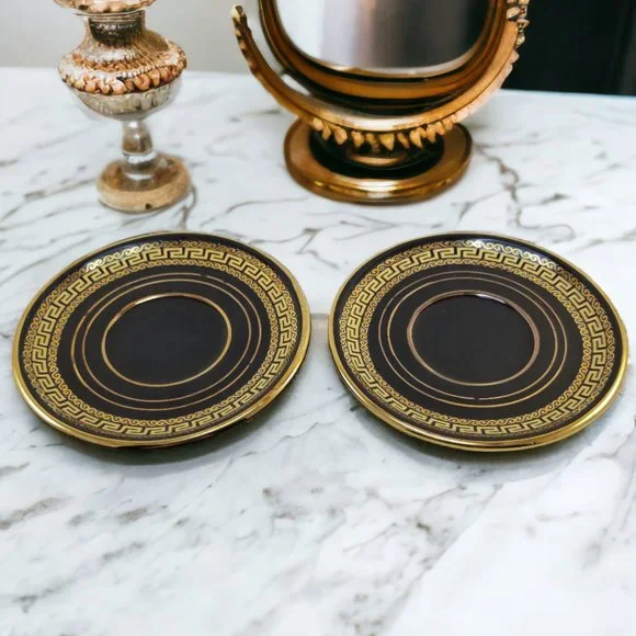 Black & Gold Miniature  Plates Greek Key by Portmeirion 2-Pcs Set 1960s - Picture 2 of 9